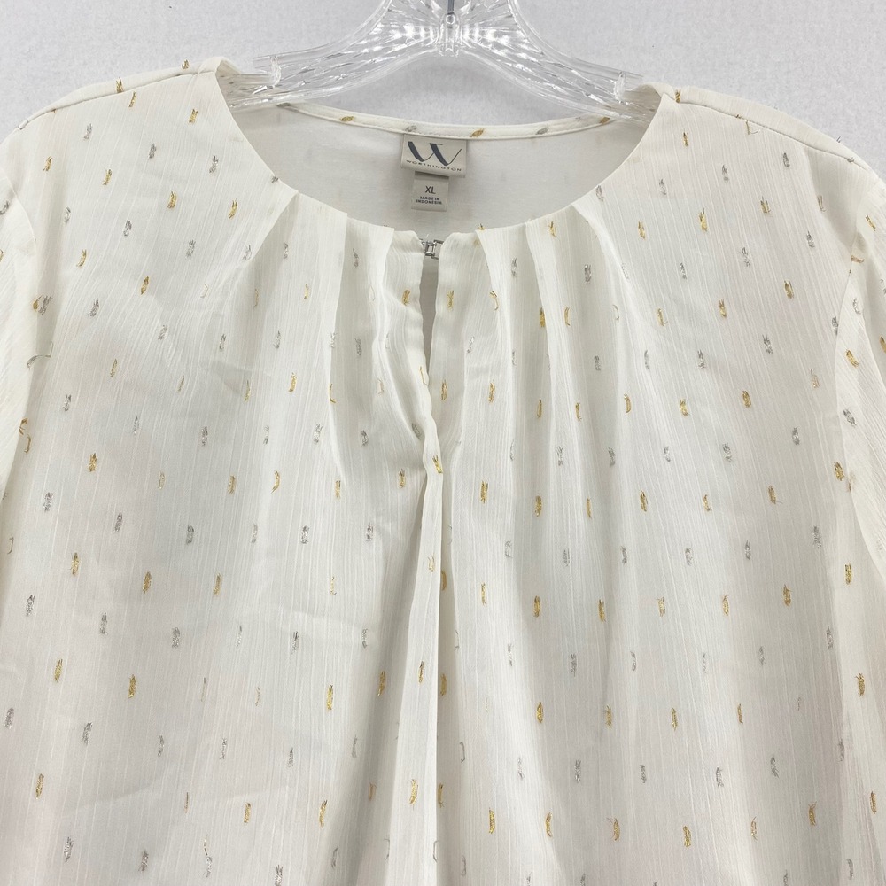 Worthington Blouse Sheer Metallic Gold Accents Long Sleeve Top XL Off White